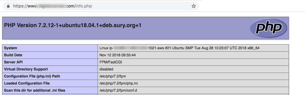 PHP Info in a browser displays version 