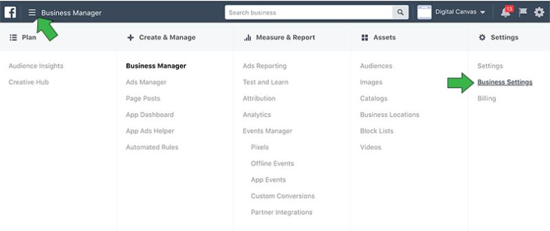 Select Business Settings from the Business Manager Menu